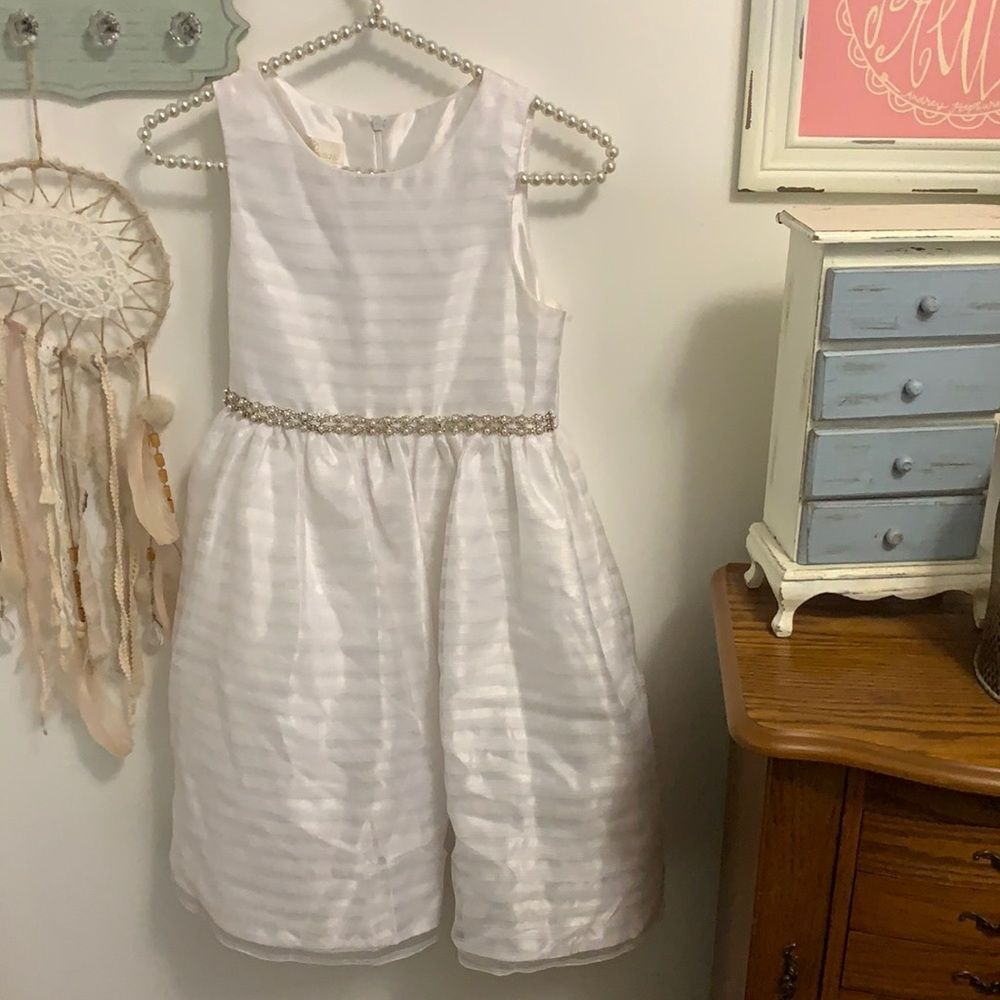 American Princess Girls White Organza Stripe Dress Sz 10 Flower Girl Communion